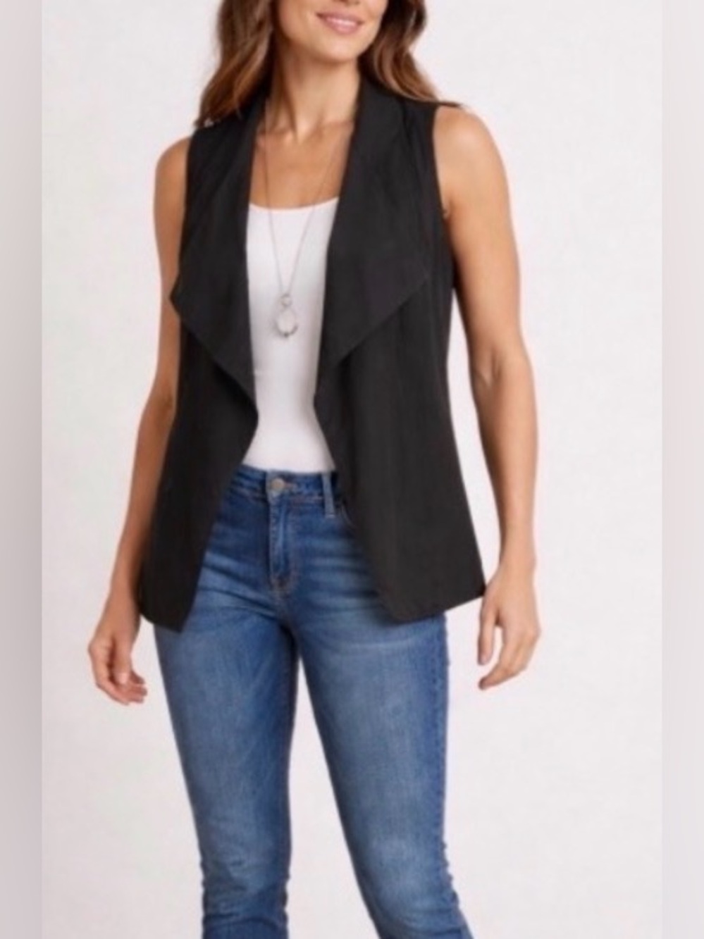 J.Jill Linen Black Waterfall Open Front Vest with Pockets